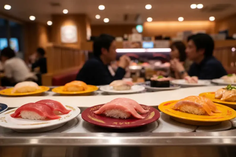 Guía de kaitenzushi (sushi de cinta) y trucos para aprovechar el buffet - sushi cinta movimiento kaitenzushi tokio Platos de sushi de atún y salmón moviéndose sobre una cinta transportadora en un restaurante japonés.