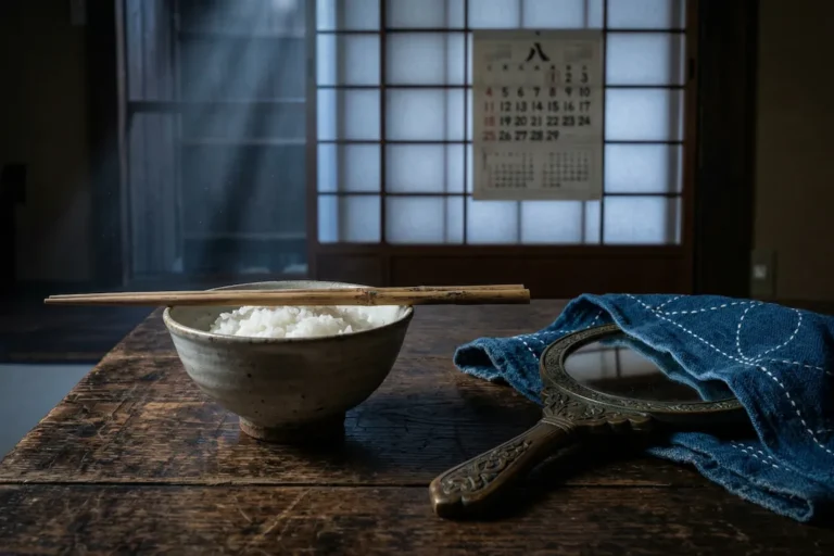 Supersticiones japonesas y tabúes: números, palillos y espejos - tabues japon numeros palillos espejos Mesa de madera oscura en una casa tradicional de kioto con un cuenco de arroz, palillos apoyados en horizontal y un espejo antiguo parcialmente cubierto por tela índigo.