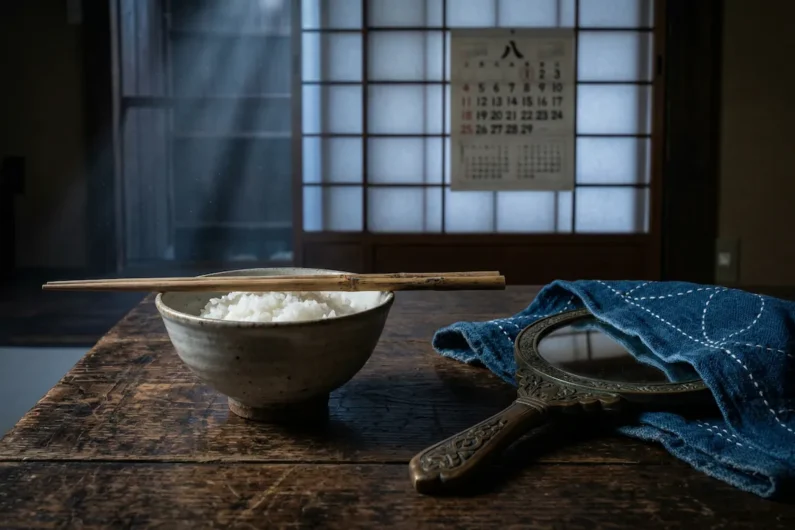 Supersticiones japonesas y tabúes: números, palillos y espejos - tabues japon numeros palillos espejos Mesa de madera oscura en una casa tradicional de kioto con un cuenco de arroz, palillos apoyados en horizontal y un espejo antiguo parcialmente cubierto por tela índigo.
