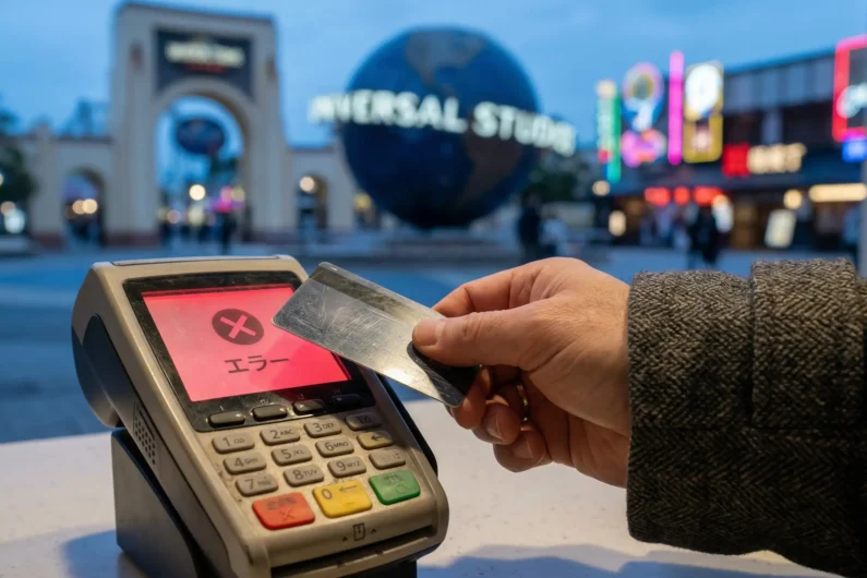¿tarjeta rechazada en japón? Soluciones para disney y universal studios japan - tarjeta rechazada disney universal japon Primer plano de una mano sosteniendo una tarjeta de crédito frente a un datáfono japonés iluminado en rojo por un error de pago, con la entrada de universal studios japan desenfocada de fondo al anochecer.