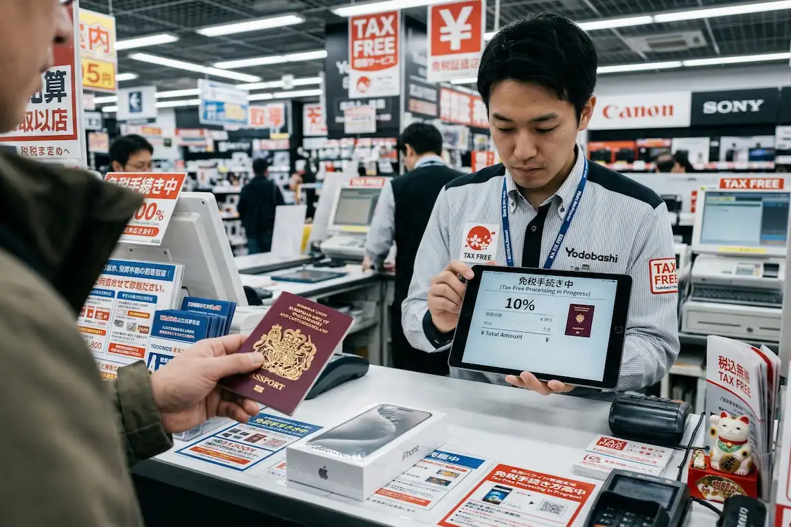 ¿vale la pena comprar un iphone en japón? Precios y guía 2026 - tax free japon comprar iphone pasaporte Mano de turista entregando un pasaporte a un cajero japonés para procesar el tax free junto a una caja de iphone blanca precintada en el mostrador.
