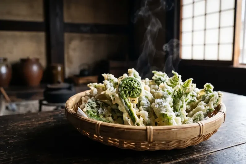 Calendario gastronómico de japón: 24 estaciones y sus sabores - tempura sansai vegetales montana takayama Cesta de madera con vegetales de montaña japoneses en tempura con textura crujiente y sal