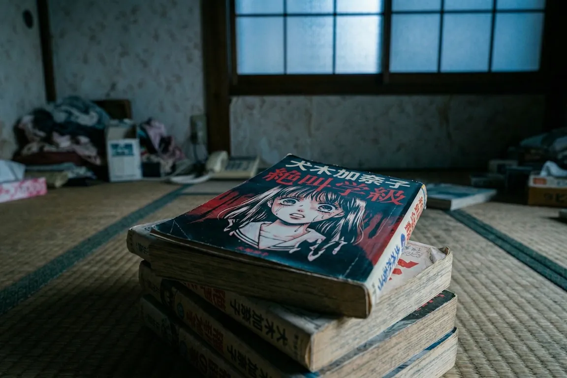 5 autores de manga de terror más perturbadores que junji ito - tomos clasicos kanako inuki shojo horror tatami Pila de tomos de cómic de kanako inuki desgastados por el uso, descansando sobre el suelo de tatami.