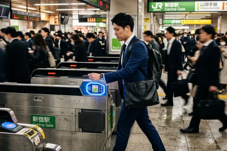Tarjeta suica en el móvil: cómo configurar apple pay y google pay para japón - tornos estacion shinjuku suica movil Fotografía de tornos de metro en shinjuku con sensor suica iluminado en azul