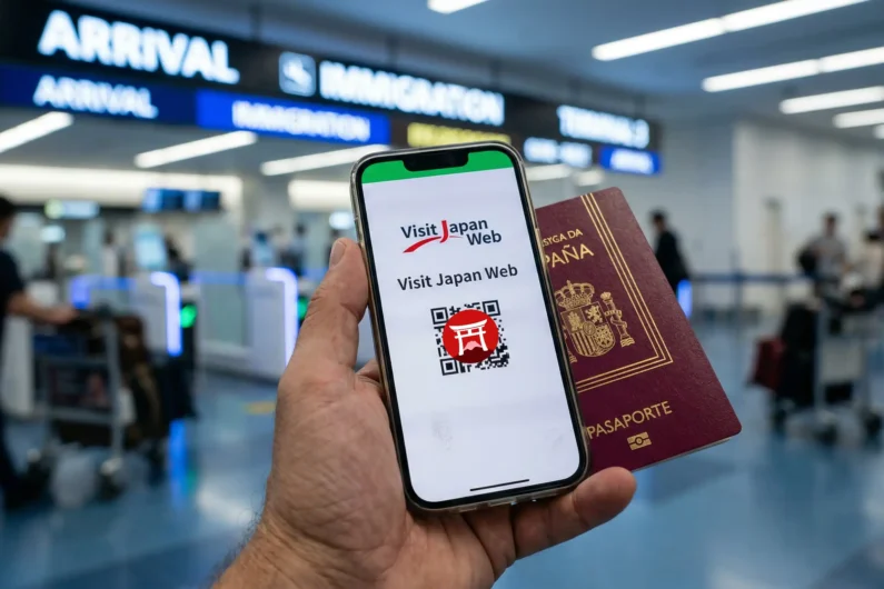 Visit japan web qr 2026: ¿cuántos necesitas para entrar? - visit japan web qr unificado escalas esta Primer plano de una mano sosteniendo un pasaporte burdeos y un teléfono móvil que muestra el código qr de visit japan web con el fondo desenfocado del aeropuerto de haneda