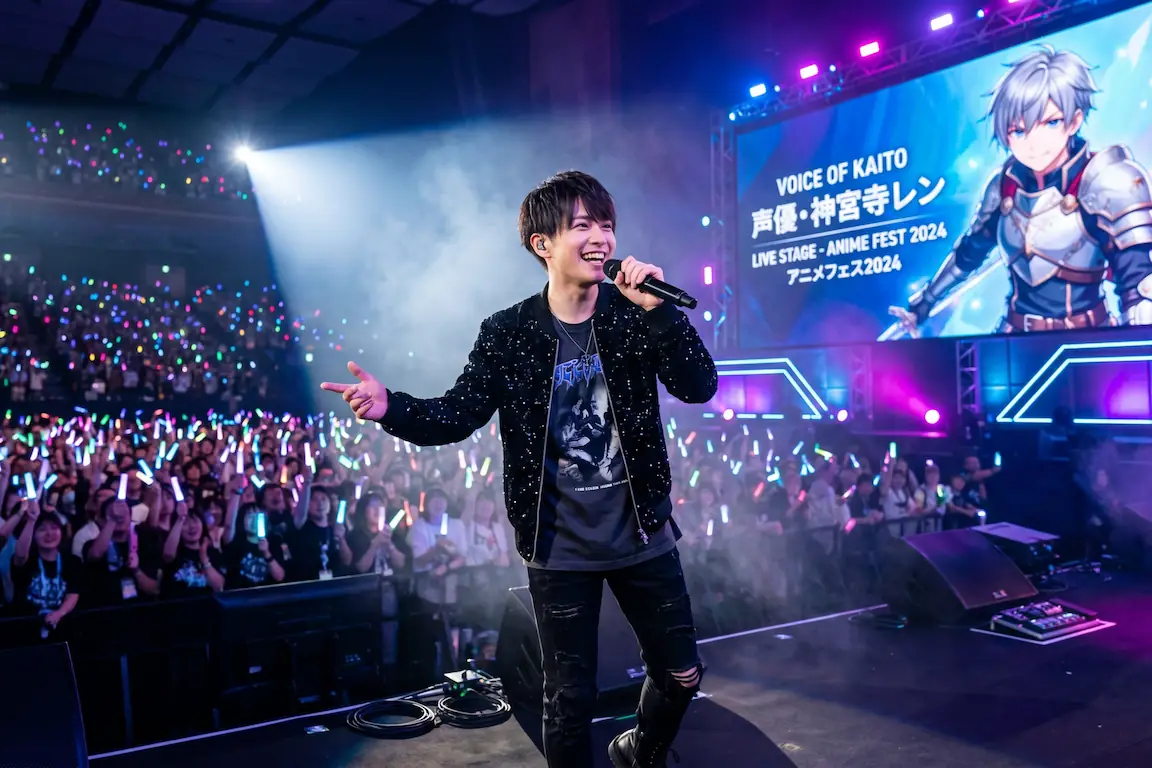 El secreto tras el micro: ¿por qué los seiyuus dominan japón? - el fenomeno idol Un seiyuu popular (un hombre joven con estilo moderno y carismático) sobre un escenario iluminado durante un evento en vivo