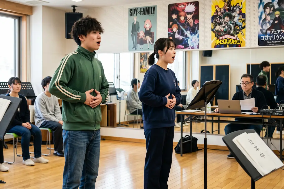 El secreto tras el micro: ¿por qué los seiyuus dominan japón? - la proxima generacion Dos estudiantes jóvenes (un chico y una chica) en una clase de una escuela de doblaje (youseijo). Están practicando ejercicios de proyección de voz con una postura corporal recta y las manos en el diafragma.