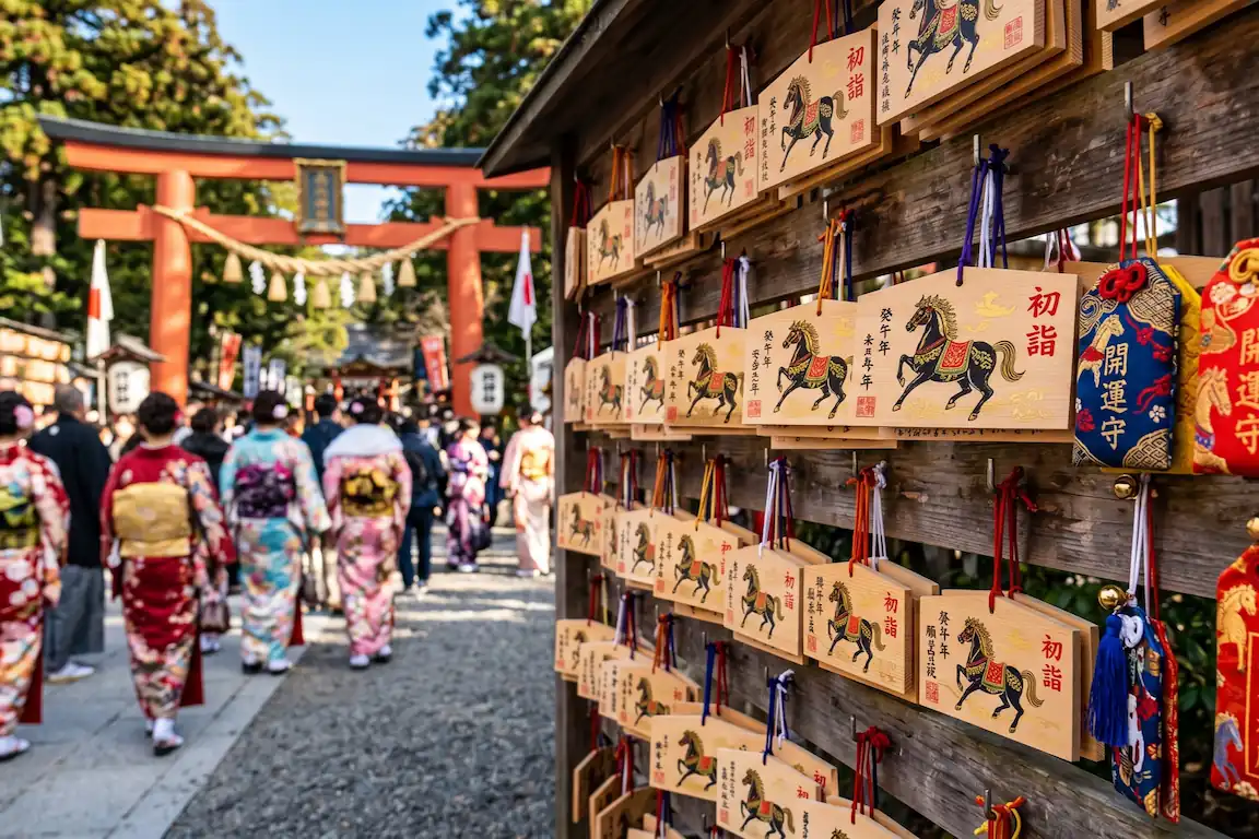Los 12 animales del zodiaco japonés y tu personalidad, ¿qué animal eres y qué dice de ti? - amuletos zodiaco japones santuario ano nuevo Primer plano de amuletos ema y omamori con la figura del caballo del zodiaco japonés colgados en un santuario sintoísta durante hatsumode en enero.