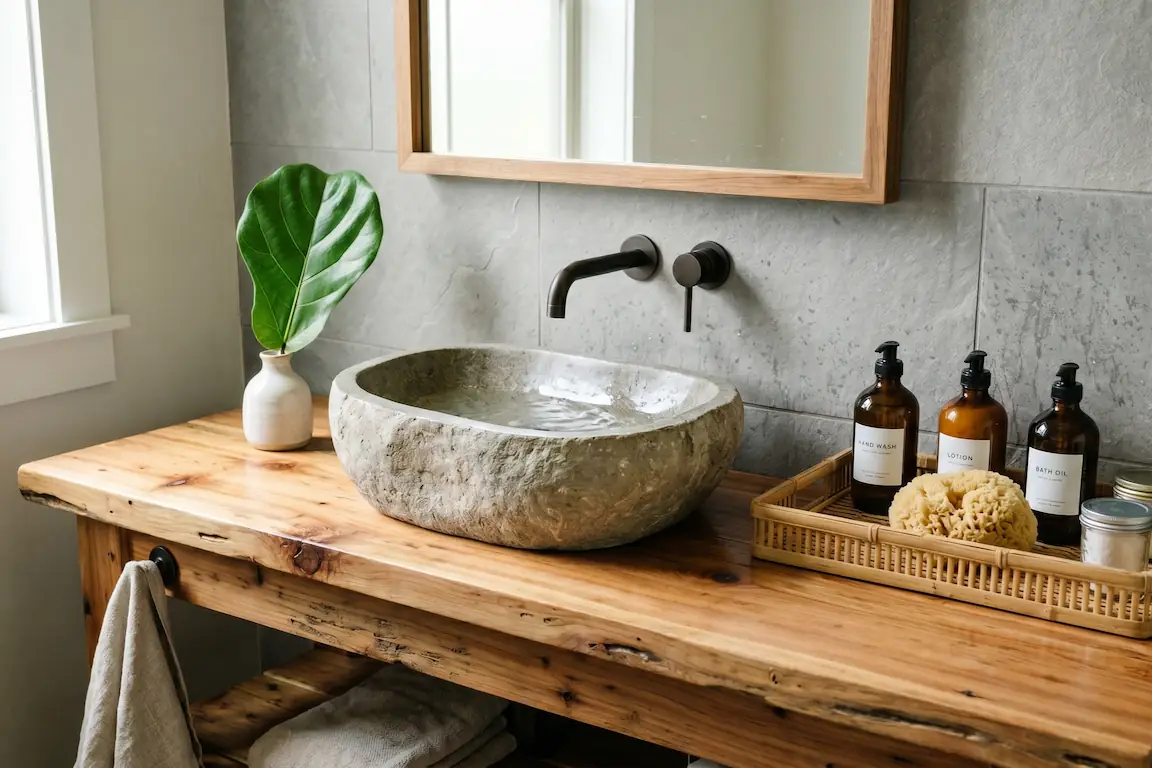 Japandi: el arte de fusionar la serenidad de japón con la calidez nórdica en tu hogar - bano estilo japandi ritual ofuro bienestar Baño de estilo japandi con elementos de bambú, toallas de algodón orgánico y una pequeña planta verde en un jarrón de piedra.