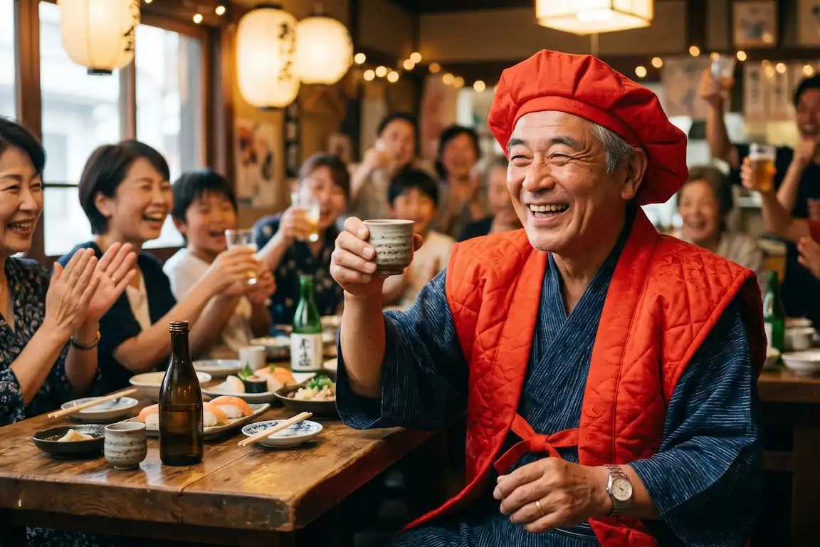Los 12 animales del zodiaco japonés y tu personalidad, ¿qué animal eres y qué dice de ti? - celebracion kanreki 60 anos zodiaco japones Retrato de un hombre japonés de 60 años vistiendo un chaleco rojo chanchanko para celebrar su kanreki, el renacimiento en el ciclo del zodiaco japonés.