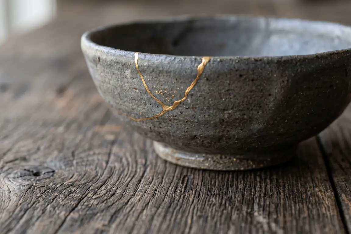 Japandi: el arte de fusionar la serenidad de japón con la calidez nórdica en tu hogar - detalle ceramica wabi sabi kintsugi japandi Primer plano de una pieza de cerámica artesanal con una grieta reparada en oro (kintsugi) sobre una mesa de madera rugosa.