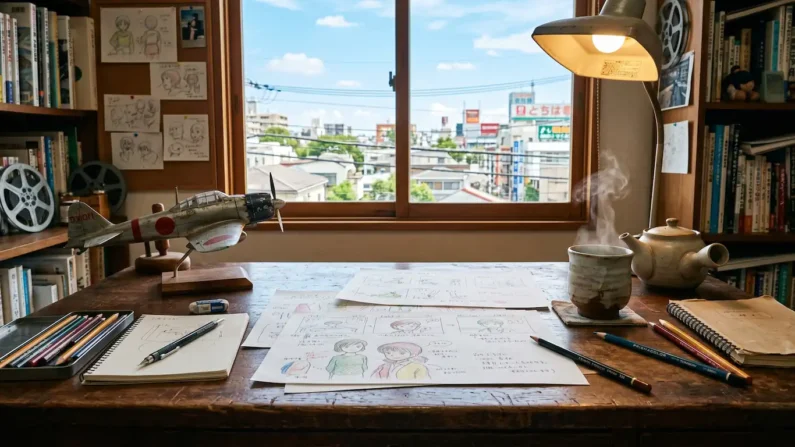 El origen de studio ghibli: por qué se llama así y cómo empezó todo - dibujo a mano te gaki studio ghibli Escritorio de trabajo con bocetos de animación y lápices, representando el proceso artesanal de studio ghibli