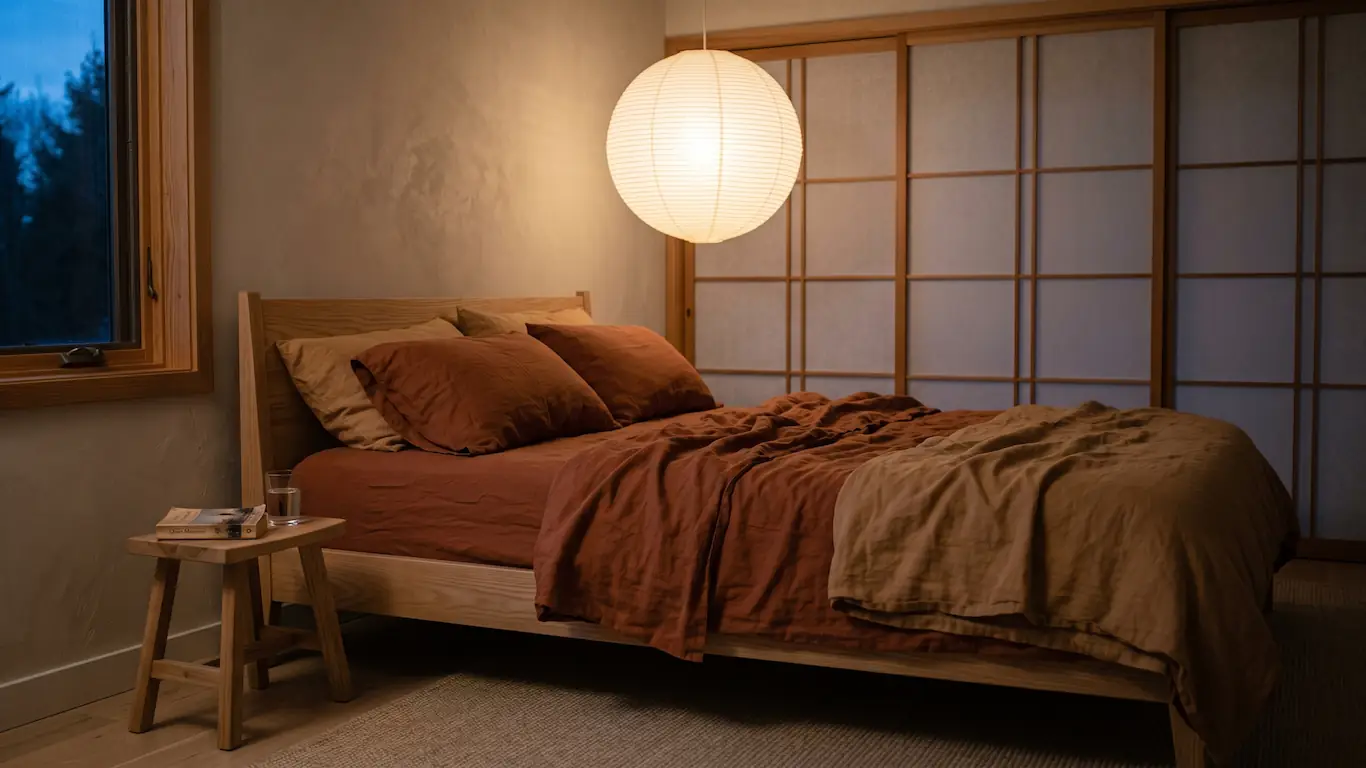 Japandi: el arte de fusionar la serenidad de japón con la calidez nórdica en tu hogar - dormitorio japandi santuario paz wabi sabi Dormitorio minimalista japandi con cama de madera de fresno, ropa de cama de lino tierra y una lámpara de papel de arroz.