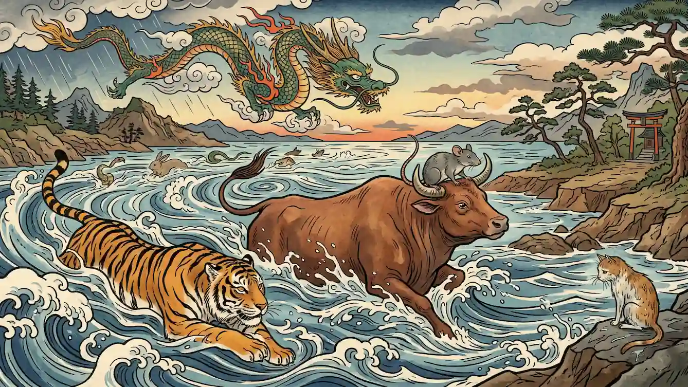 Los 12 animales del zodiaco japonés y tu personalidad, ¿qué animal eres y qué dice de ti? - leyenda gran carrera animales zodiaco japones junishi Ilustración estilo ukiyo-e de la leyenda de la gran carrera del zodiaco japonés, mostrando al buey, la rata y el dragón cruzando un río caudaloso.