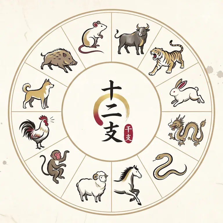 Los 12 animales del zodiaco japonés y tu personalidad, ¿qué animal eres y qué dice de ti? - rueda doce animales zodiaco japones junishi Gráfico circular artístico que muestra los doce animales del zodiaco japonés (junishi) en estilo de tinta sumi-e, desde la rata hasta el jabalí.