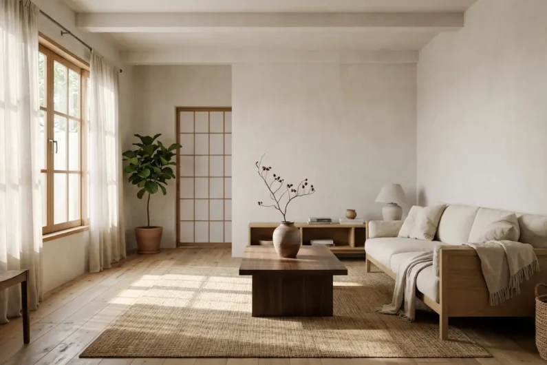 Japandi: el arte de fusionar la serenidad de japón con la calidez nórdica en tu hogar - salon estilo japandi minimalismo calido japon Salón de estilo japandi con muebles bajos de madera clara, paredes beige y luz natural tamizada en una casa moderna.