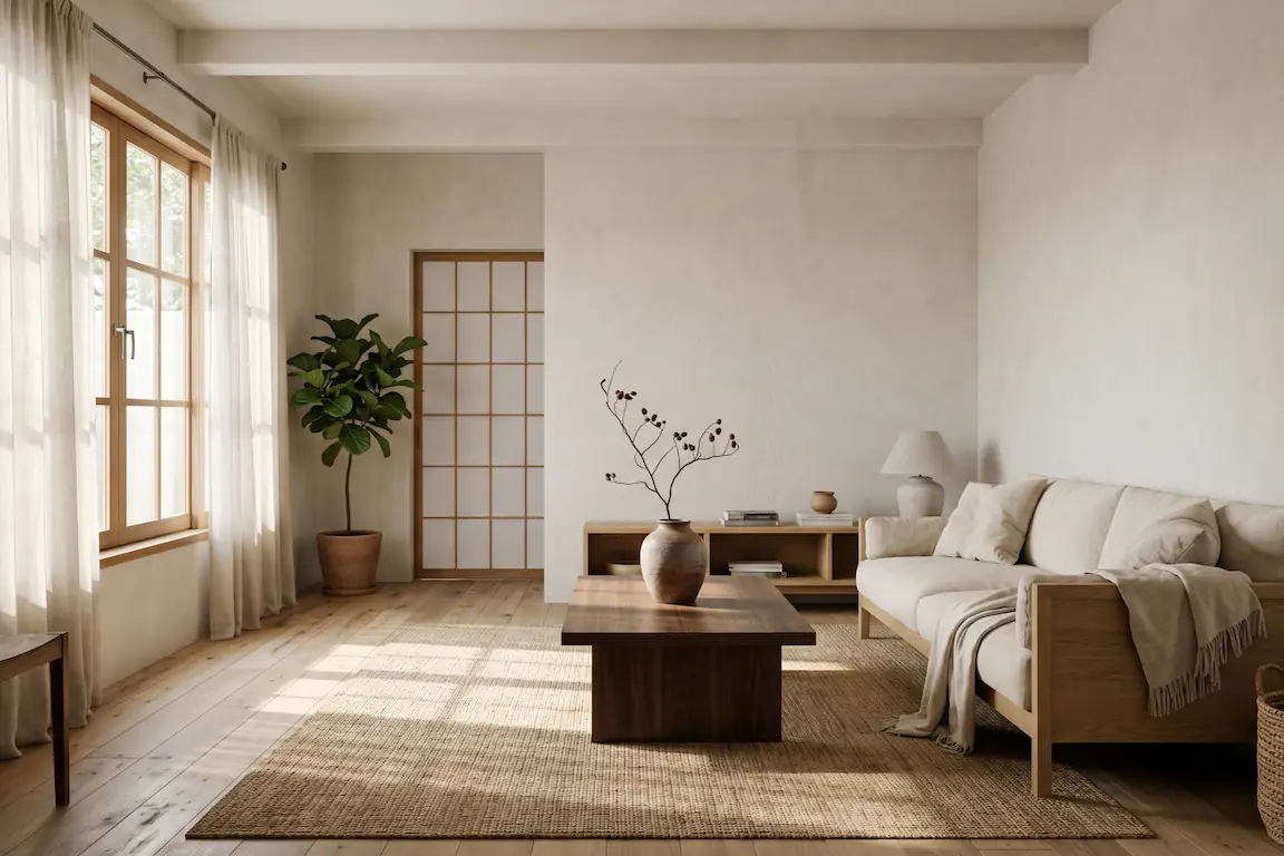 Japandi: el arte de fusionar la serenidad de japón con la calidez nórdica en tu hogar - salon estilo japandi minimalismo calido japon Salón de estilo japandi con muebles bajos de madera clara, paredes beige y luz natural tamizada en una casa moderna.