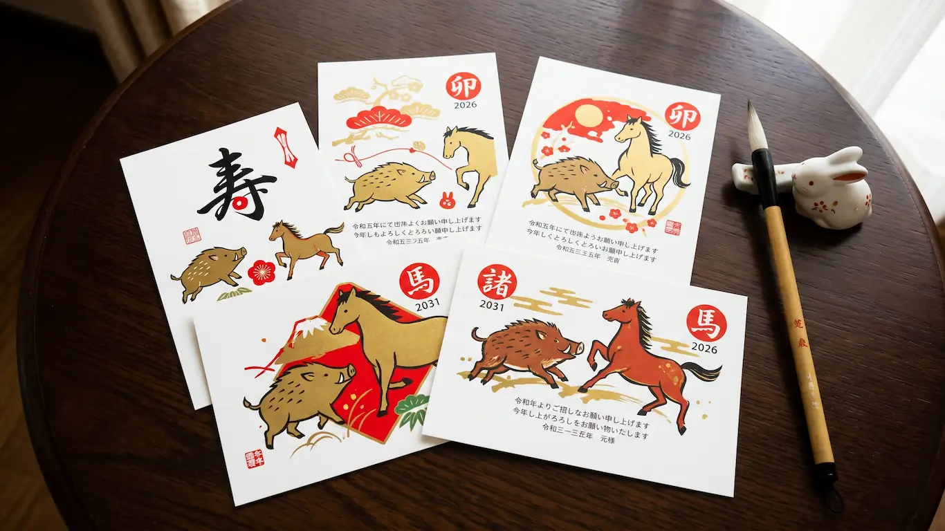 Los 12 animales del zodiaco japonés y tu personalidad, ¿qué animal eres y qué dice de ti? - tarjetas nengajo ano nuevo zodiaco japones Fotografía de tarjetas postales japonesas de año nuevo (nengajo) decoradas con ilustraciones de los animales del zodiaco wild boar y horse sobre una mesa de madera.