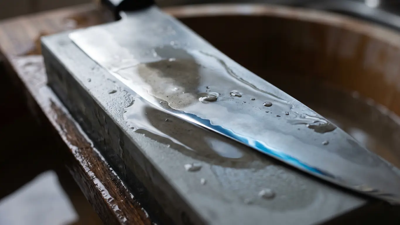 Guía para comprar cuchillos japoneses en kappabashi: tipos y mantenimiento - afilado piedra agua cuchillos japoneses Macro de la hoja de un cuchillo japones asentándose sobre una piedra de afilar al agua con lodo gris