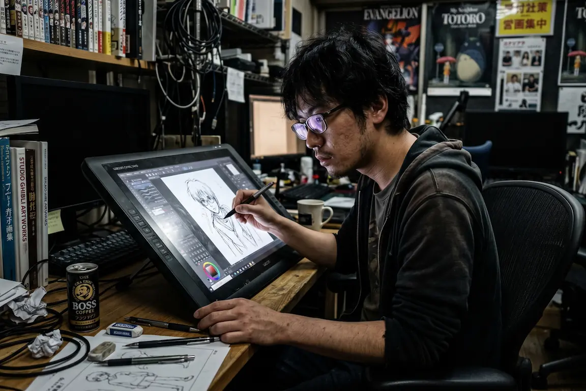 Los 5 mejores estudios de anime más allá de ghibli que debes conocer - animador trabajando estudio animacion japon Hombre japonés cansado dibujando en una tableta gráfica iluminada en un escritorio oscuro y desordenado con latas de café vacías.