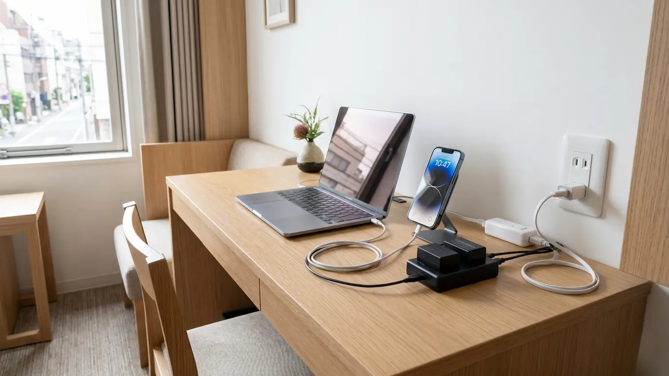 Guía de enchufes y voltaje en japón: ¿necesitas transformador? - cargador dispositivos enchufes en japon Estación de carga con regleta y adaptador conectados a los enchufes en japon de un hotel