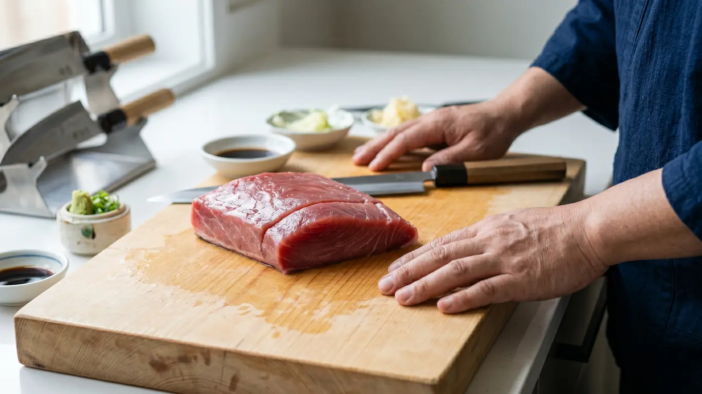 Guía para comprar cuchillos japoneses en kappabashi: tipos y mantenimiento - corte sashimi cuchillo yanagiba japones Primer plano de un fileteado limpio de pescado utilizando un cuchillo yanagiba de estilo japones