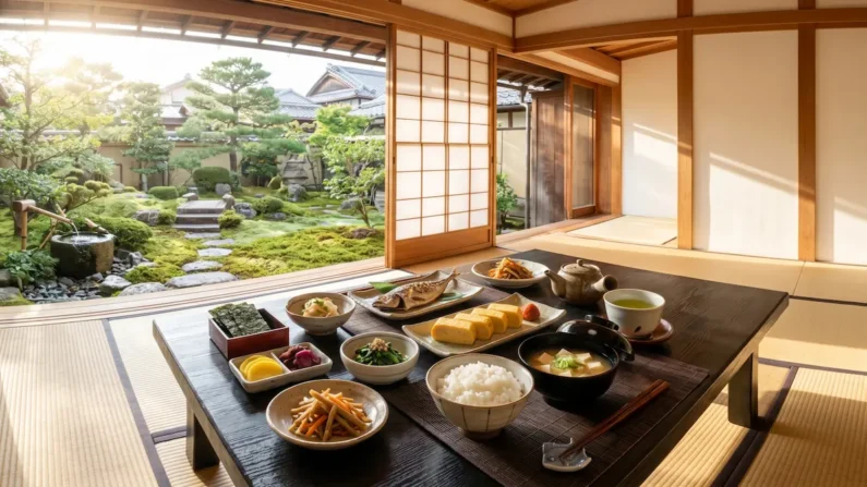Desayuno japonés, diferencias entre el estilo tradicional y el occidental - desayuno tradicional japones ryokan kyoto Desayuno tradicional japonés servido sobre una mesa de madera en una habitación luminosa de tatami con vistas a un jardín de musgo