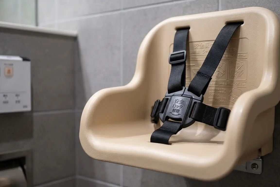 Guía para viajar a japón con niños: consejos y rutas - detalle asiento bebe bano publico japon Primer plano de un asiento infantil de seguridad acolchado y anclado a la pared dentro de un cubículo de baño público japonés