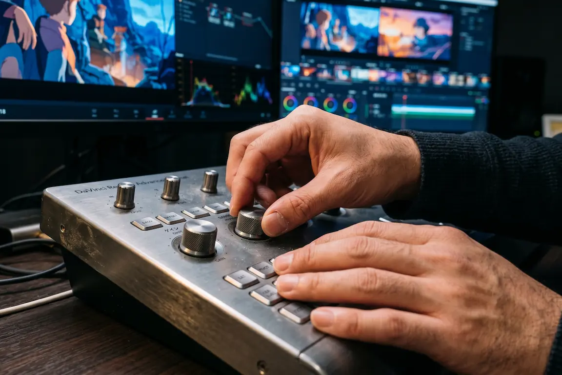 Los 5 mejores estudios de anime más allá de ghibli que debes conocer - efectos visuales composicion digital anime Primer plano de unas manos operando una consola de edición de video profesional con botones y diales metálicos, con monitores brillantes desenfocados al fondo en uno de los mejores estudios de anime de japon