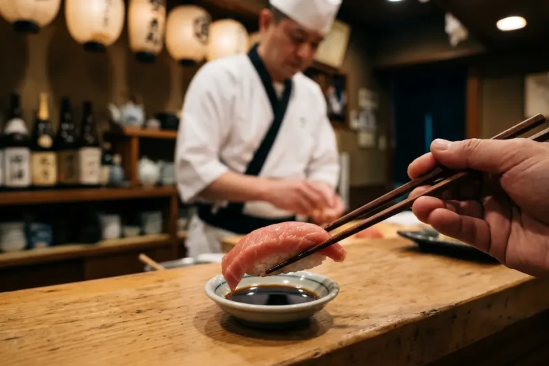 Los 10 errores más comunes al comer sushi en japón - errores comer sushi japon Primer plano de unos palillos de madera sosteniendo un nigiri de atún rojo para mojar la parte del pescado en salsa de soja dentro de un restaurante tradicional de japón