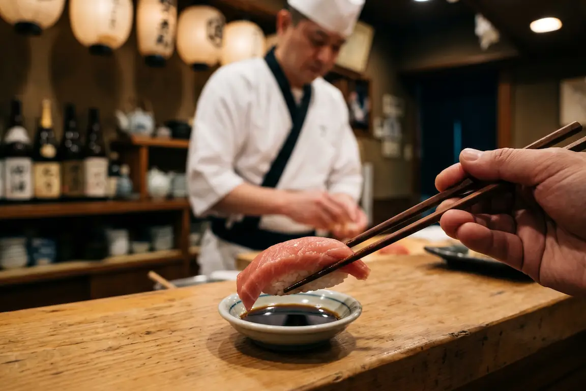 Los 10 errores más comunes al comer sushi en japón - errores comer sushi japon Primer plano de unos palillos de madera sosteniendo un nigiri de atún rojo para mojar la parte del pescado en salsa de soja dentro de un restaurante tradicional de japón