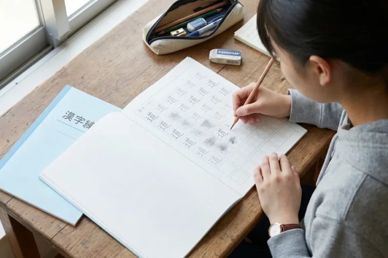 Aprender kanji desde cero: claves, aplicaciones y trucos - estudiando kanjis complicados Joven estudiante japonesa practicando la escritura de kanjis con lápiz en un cuaderno tradicional de cuadrícula. Aprender kanji desde cero