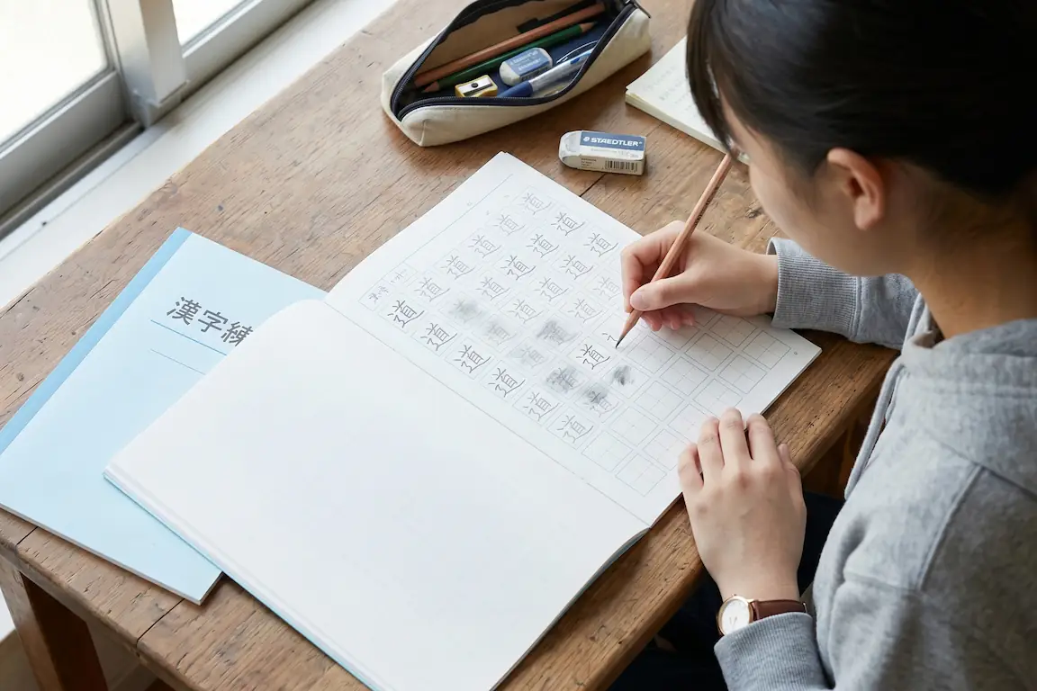 Aprender kanji desde cero: claves, aplicaciones y trucos - estudiando kanjis complicados Joven estudiante japonesa practicando la escritura de kanjis con lápiz en un cuaderno tradicional de cuadrícula. Aprender kanji desde cero