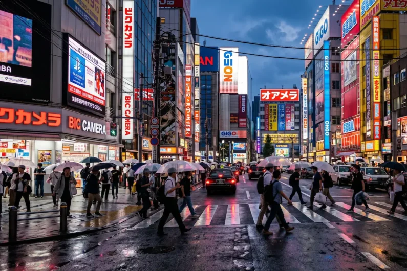 Los 5 mejores estudios de anime más allá de ghibli que debes conocer - estudios animacion japonesa anime siglo xxi Multitud de personas con paraguas cruzando una calle mojada en akihabara al anochecer, rodeados de brillantes carteles luminosos de electrónica. Los mejores estudios de anime de japón