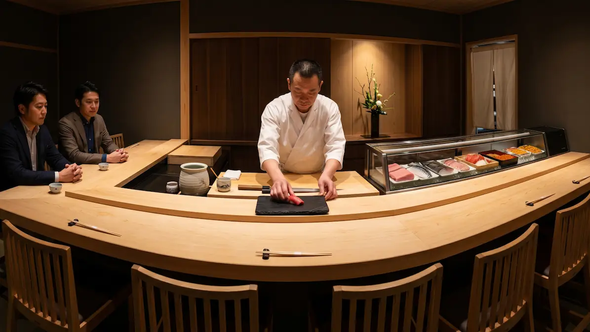 Los 10 errores más comunes al comer sushi en japón - etiqueta barra sushi tokio itamae Una perspectiva amplia desde la esquina de una barra de sushi tradicional de madera hinoki en tokio, mostrando la interacción entre comensales y el chef