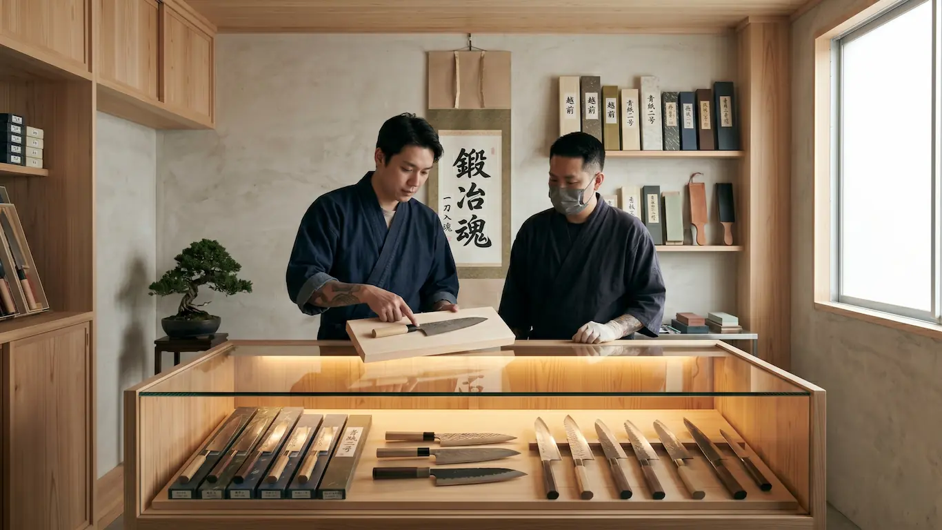 Guía para comprar cuchillos japoneses en kappabashi: tipos y mantenimiento - expositor cuchillos japoneses alta gama Vitrina interior de una tienda tradicional en tokio mostrando diferentes modelos de cuchillos japoneses de acero damasco