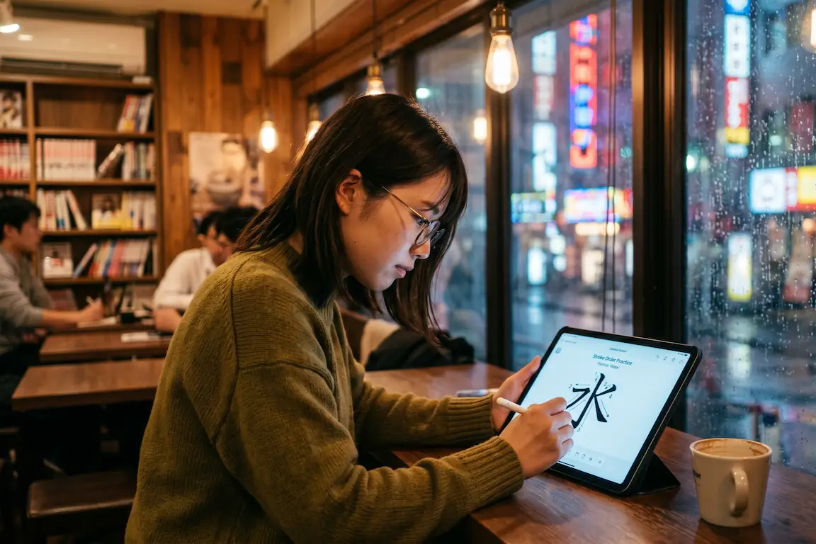 Aprender kanji desde cero: claves, aplicaciones y trucos - focused young student studying kanji Chica estudiando y trazando el kanji de agua en una tablet digital con un lápiz táctil en una cafetería