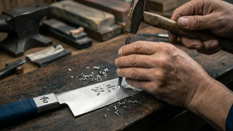 Guía para comprar cuchillos japoneses en kappabashi: tipos y mantenimiento - grabado artesanal nombre hoja cuchillo Artesano de tokio grabando a mano caracteres en la hoja de acero de un cuchillo japones