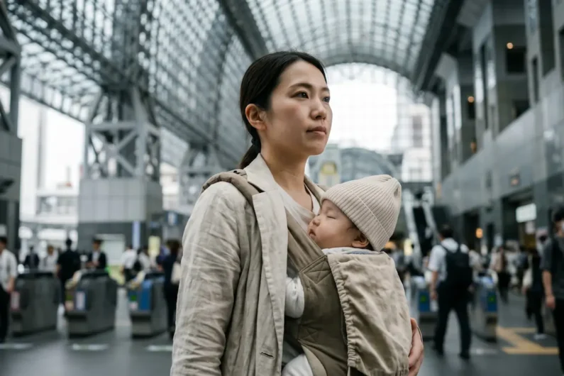 Guía para viajar a japón con niños: consejos y rutas - guia viajar japon con ninos bebes Madre llevando a su bebé en una mochila de porteo mientras camina de forma segura por la estación de kioto en japón