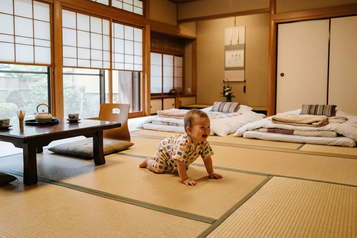 Guía para viajar a japón con niños: consejos y rutas - habitacion ryokan tatami bebe gateando Un bebé gateando feliz sobre el suelo de tatami de una habitación tradicional de un ryokan japonés