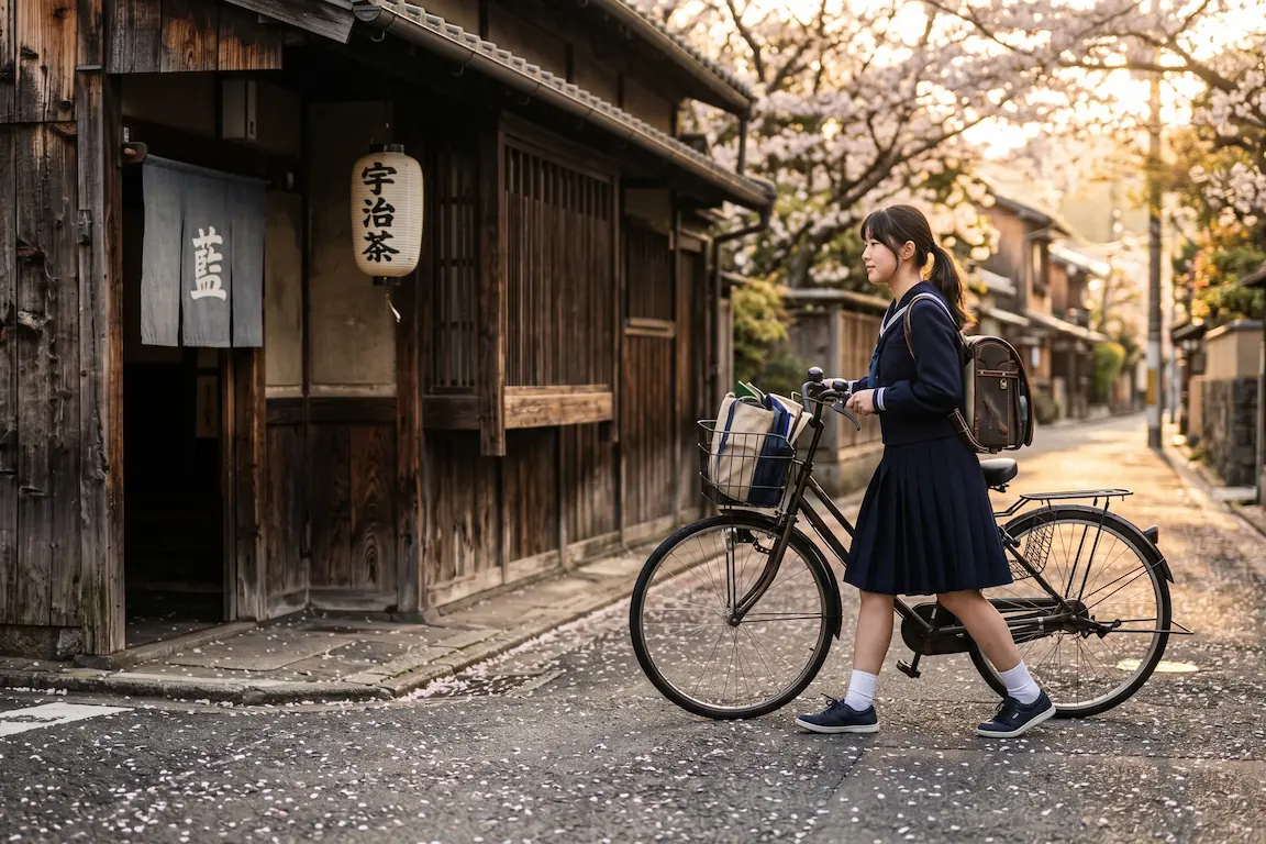 Los 5 mejores estudios de anime más allá de ghibli que debes conocer - inspiracion kyoto animation calles uji Estudiante japonesa en uniforme caminando con una bicicleta por una calle tradicional de madera en kioto durante el atardecer con pétalos en el suelo.