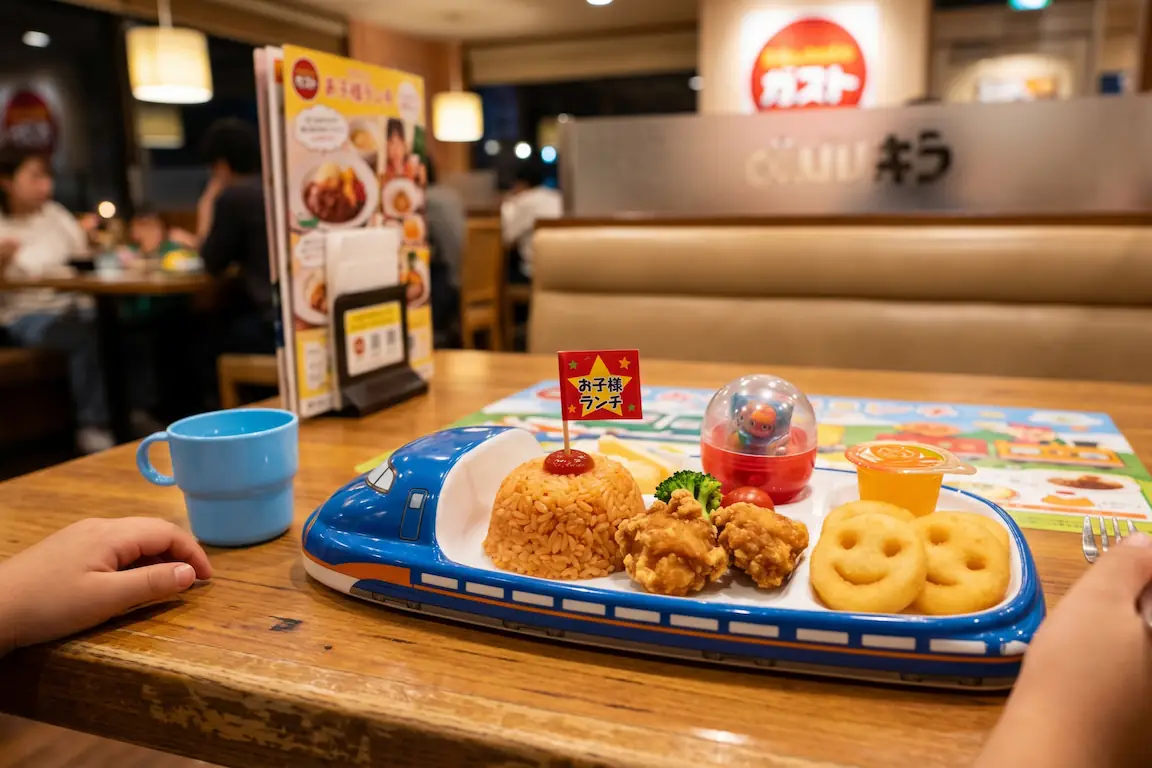 Guía para viajar a japón con niños: consejos y rutas - menu infantil okosama lunch famiresu japon Un colorido menú infantil japonés servido en una bandeja con forma de tren en un restaurante familiar de tokio