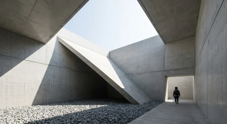 Guía de la arquitectura de tadao ando en japón - museo arte chichu naoshima arquitectura Un patio geométrico triangular excavado en el suelo bajo el cielo abierto en el museo de arte chichu en naoshima