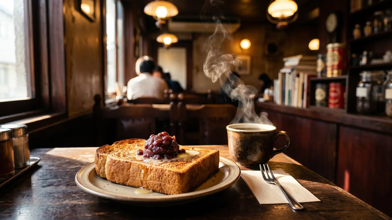Desayuno japonés, diferencias entre el estilo tradicional y el occidental - ogura toast tostada azuki kissaten japonesa Tostada ogura con mantequilla derretida y pasta de judía roja azuki sobre la barra de madera de una cafetería retro kissaten