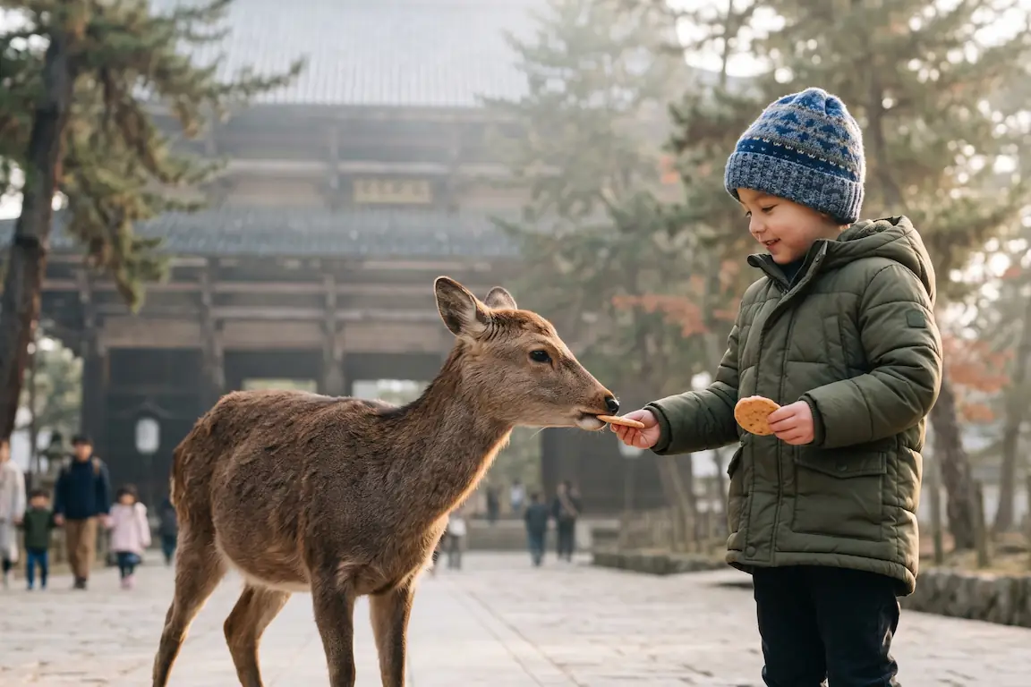 Guía para viajar a japón con niños: consejos y rutas - parque de nara ciervos excursion con ninos Un niño pequeño agachado con cuidado frente a un ciervo libre en el parque de nara, sosteniendo una galleta shika-senbei