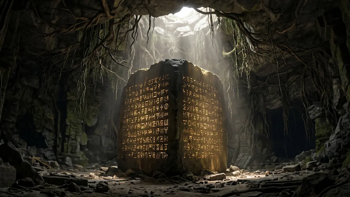 Significado de la "d" en one piece y teorías del amanecer - piedra poneglyph ohara one piece Piedra gigante poneglyph brillando con inscripciones doradas en una caverna subterránea de ohara.
