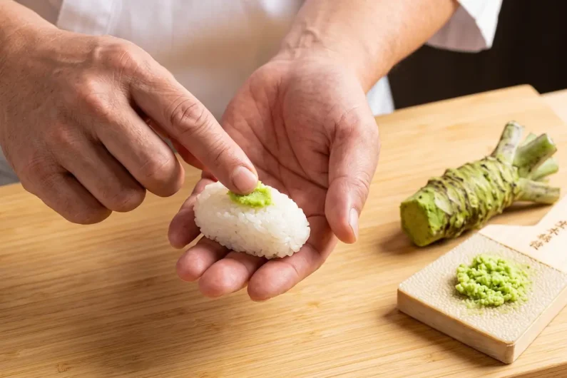 Los 10 errores más comunes al comer sushi en japón - preparacion nigiri wasabi itamae Las manos expertas de un chef de sushi colocando una pizca de wasabi fresco sobre el arroz antes de cubrirlo con el pescado