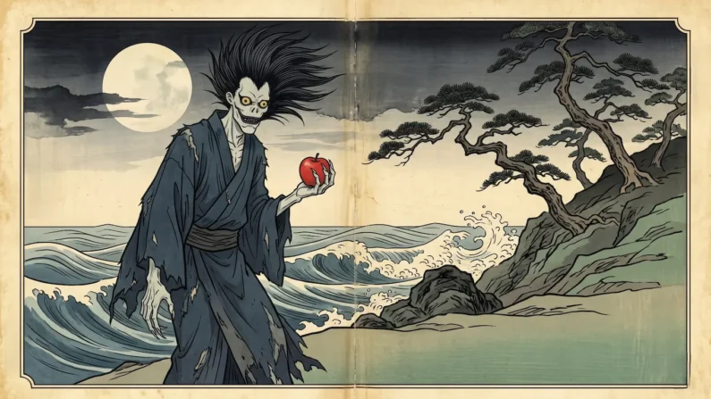 La mitología detrás del shinigami en el anime ¿existen los dioses de la muerte en japón? - shinigami en el anime estilo ukiyoe Grabado tradicional ukiyo-e que representa al shinigami ryuk de death note con un kimono clásico en un paisaje nocturno