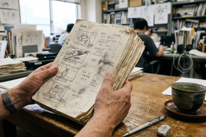 Los 5 mejores estudios de anime más allá de ghibli que debes conocer - storyboards econtei proceso creacion anime Manos sosteniendo un fajo de papeles con guiones gráficos dibujados a lápiz sobre un escritorio de madera rasguñado junto a una taza de té.