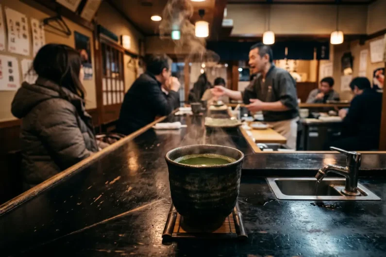 Los 10 errores más comunes al comer sushi en japón - te verde caliente barra sushi japon Un termo tradicional de agua caliente y una taza de té verde espeso humeante sobre la barra de un restaurante para comer sushi en japón